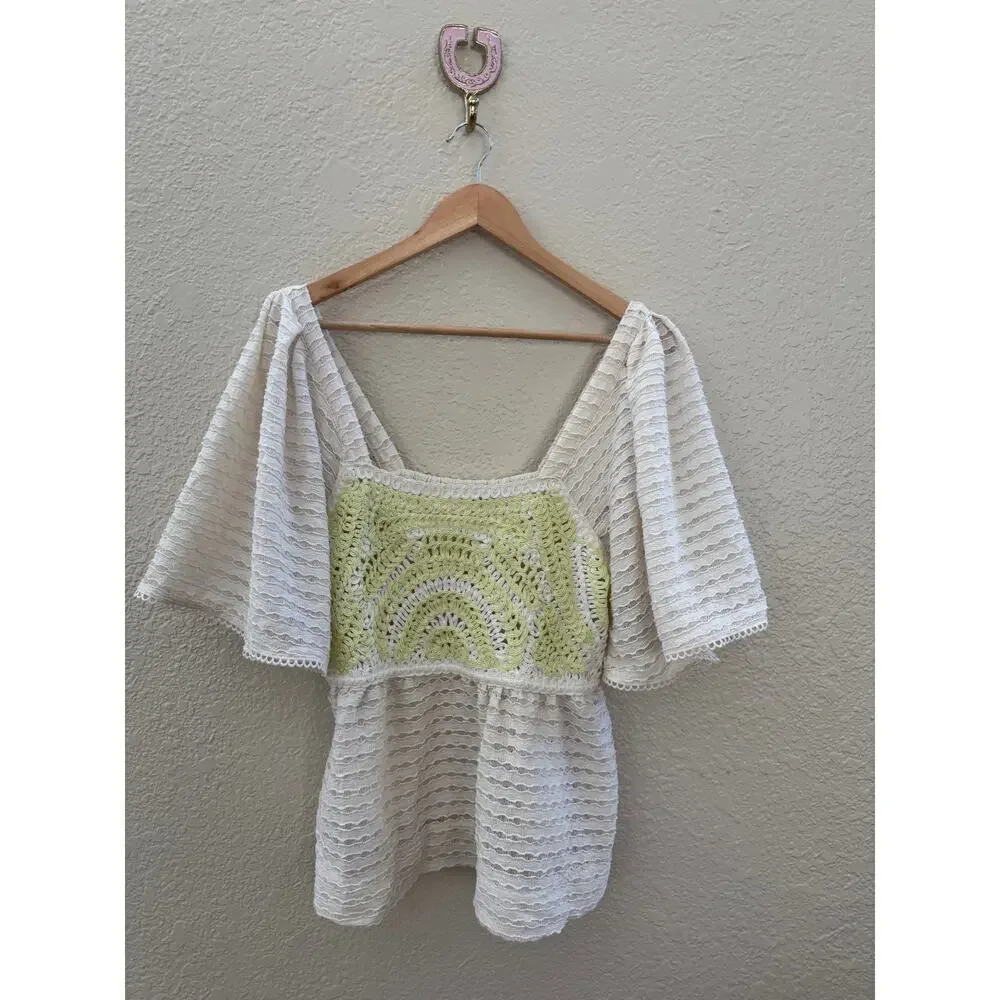 NWT $78 Anthropologie Sarah Hann Cream Flutter-Sleeve Crochet Top